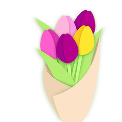 Bouquet of five paper cut tulip flowers in craft paper