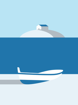 Summer poster vector art with boat on the beach and cabin on island in the background.