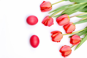 Bouquet of spring tulips for holiday. Easter symbols concept