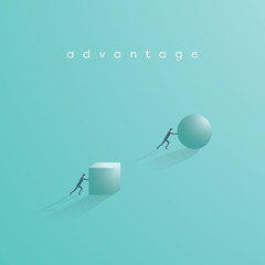 Business advantage and competition vector concept. Businessman pushing ball and cube. - obrazy, fototapety, plakaty