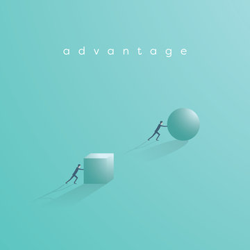 Business advantage and competition vector concept. Businessman pushing ball and cube.