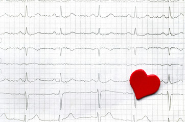 paper cardiogram of young healthy women and red paper red heart