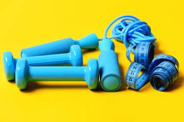 Healthy and active lifestyle concept. Sports equipment in blue color.