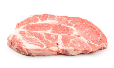 Raw pork neck meat cut isolated on white background one fresh slice without bone .