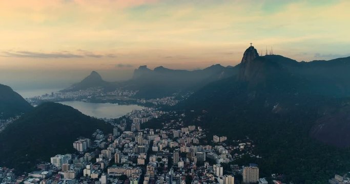 Aerial view of the city and Corcovado Hill at sunrise. Rio de Janeiro, Brazil