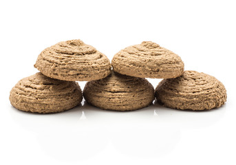 Cocoa oat cookies five drop shape biscuits isolated on white background brown crispy.