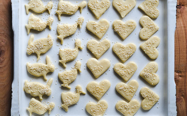 Prepared shaped salty dough for baking. Top view.