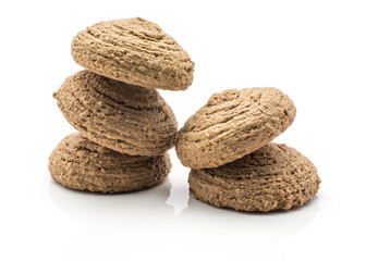 Cocoa oat cookies five drop shape brown crispy biscuits isolated on white background.