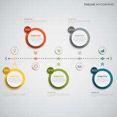 Time line info graphic with colored round design element indicators