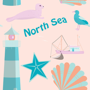 Pattern background. Seamless pattern of North Sea with shells, fisher boat, sea gull, seal and lighthouse in trendy pastel color tones. Text : North Sea