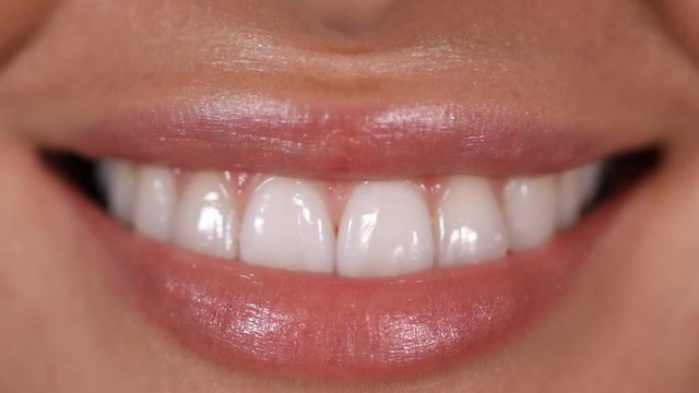 closeup of smile with white healthy teeth, close up lips