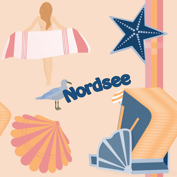 Pattern background. Seamless pattern of North Sea with shells, girl, sea gull and roofed wicker beach chair and in trendy pastel color tones. Text : North Sea (in German)