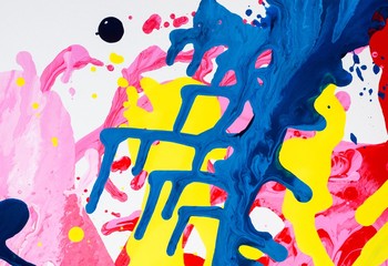Malerei/ Gemälde/ Hintergrund aus bunten Farben, Streifen, Kleckse, verlaufende Farbspuren, Tropfen, Gouache, Farben, Leinwand 