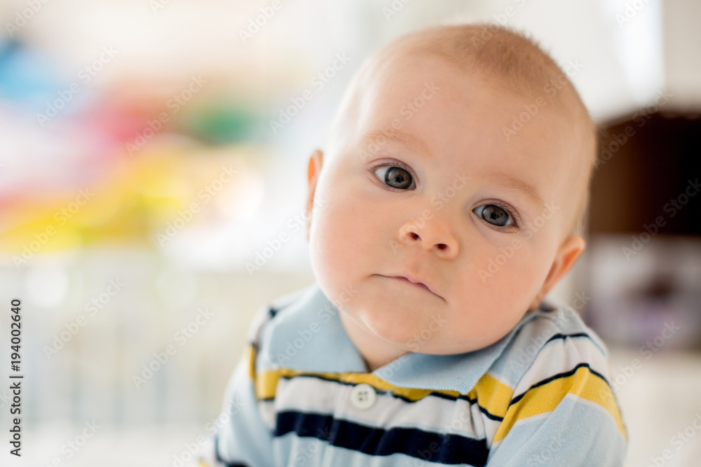 Sticker Portrait of a cute  infant baby boy. Happy childhood concept.