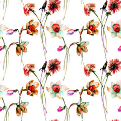 Fototapeta na wymiar Seamless pattern with Narcissus and Dandelion flowers