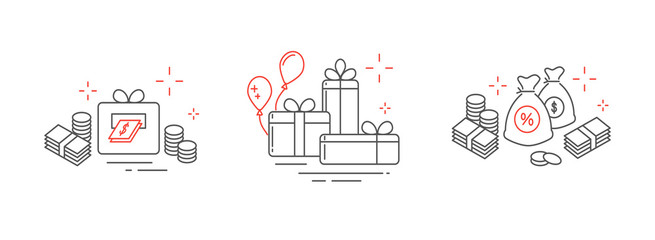 Icons from fine lines, gifts, a lot of money, online winnings