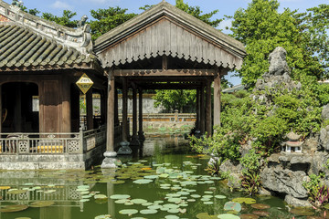 
palace with pond in the imperial Hue citadel, patrimony of the humanity, in Vietnam.