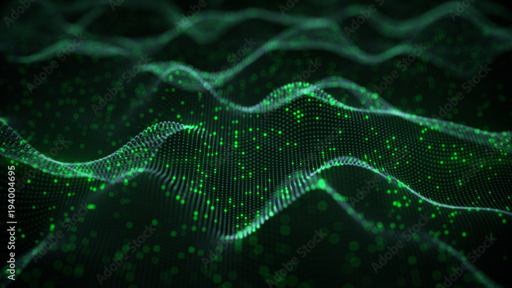 Poster glowing green neural network 3d rendering