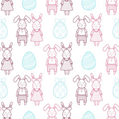 Decorative vector pattern for a holiday Easter. Rabbits girl and boy, eggs, garland, cake, twigs, bow and other elements for design.