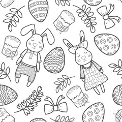 Decorative vector pattern for a holiday Easter. Rabbits girl and boy, eggs, garland, cake, twigs, bow and other elements for design.