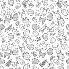 Decorative vector pattern for a holiday Easter. Rabbits girl and boy, eggs, garland, cake, twigs, bow and other elements for design.