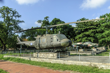 material of the war of Vietnam in a permanent exhibition in a public park in the city of Hue, Vietnam.