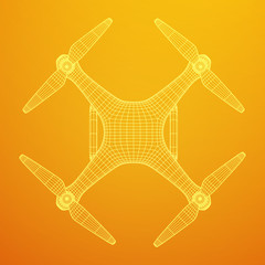 Remote control air drone. Dron flying with action video camera. Wireframe low poly mesh vector illustration