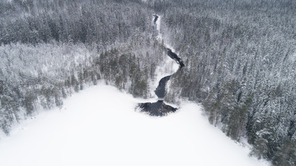 Aerial view of river and boreal forest covered by snow