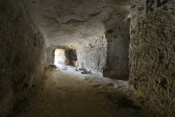 Interior view of a room in an abandoned underground house, Guadix, Andalusia, Spain