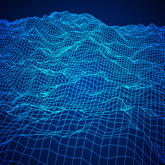 Wireframe terrain vector background. Cyberspace landscape grid technology illustration