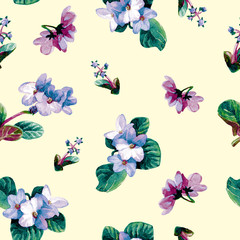 Seamless pattern of watercolor Saintpaulia flowers.