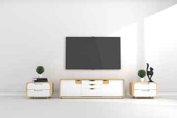 Smart TV in modern white empty room interior minimal designs. 3d rendering