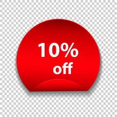 Tag, discount sticker isolated on transparent background. Vector sale label, retail badge or special offer. Red promotion campaign icon, 10% off, price tag for your advertising design.