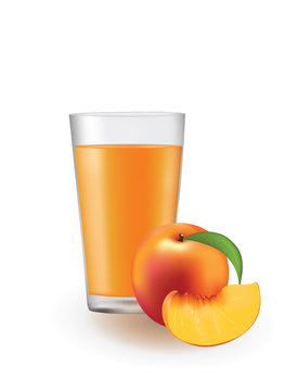 Peach juice with a fresh peach beside glass, vector