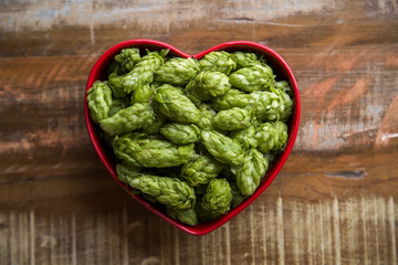 Beer brewing ingredients Hop cones in red heart bowl on wooden background. Beer brewery concept.