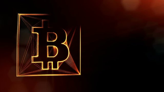 Sign of bitcoin in a square card. Financial background made of glow particles as vitrtual hologram. Shiny 3D loop animation with depth of field, bokeh and copy space. Dark background 1