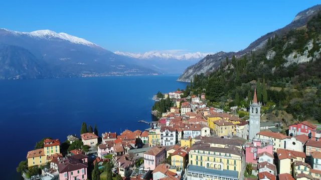 Aerial view over the village of Varenna. Lake of Como in Italy.