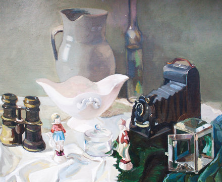 Still life with antique objects. Canvas, oil.
