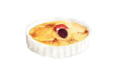 Watercolor hand drawn sketch illustration of cream-brulee dessert isolated on white art