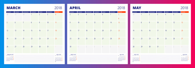 Calendar planner template for spring 2018. March, April, May. Design print vector template