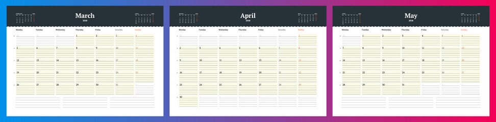 Calendar planner template for spring 2018. March, April, May. Design print vector template