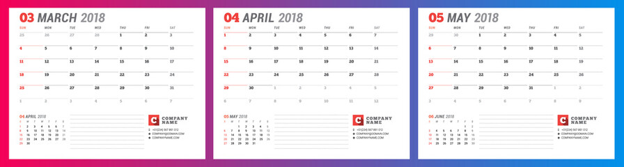 Calendar planner template for spring 2018. March, April, May. Design print vector template