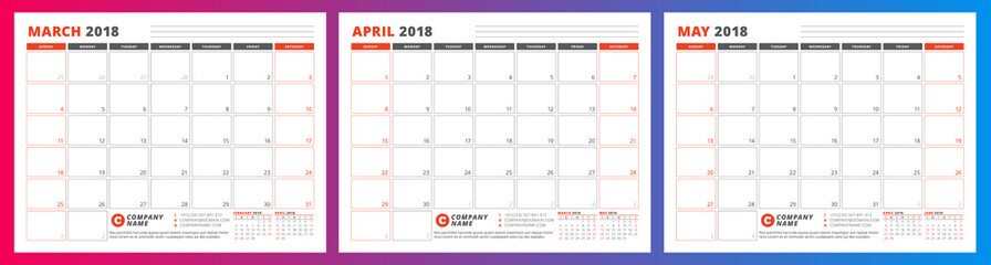 Calendar planner template for spring 2018. March, April, May. Design print vector template