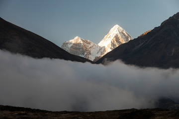 mountains in Himalayas, Nepal, on the hiking trail leading to the Everest base camp.