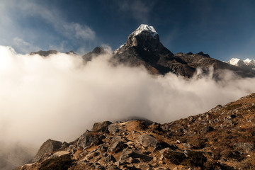 Fototapeta na wymiar mountains in Himalayas, Nepal, on the hiking trail leading to the Everest base camp.