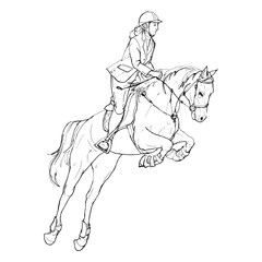 Fototapeta na wymiar Female rider - jumping horse outline black and white