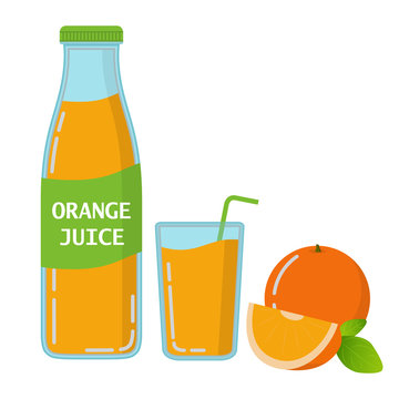 Citrus freshly squeezed orange juice in glass bottles the label and in a glass. with a tubule. A ripe fruit with a segment. The summer refreshing drink for healthy food. Flat linear art vector.  