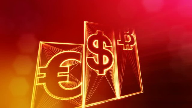 Columns with signs of bitcoin dollar and euro. Financial background made of glow particles as vitrtual hologram. Shiny 3D loop animation with depth of field, bokeh and copy space.. Red background v1
