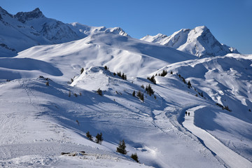 Fototapeta na wymiar Randonneurs dans l'Oberland bernois enneigé en Suisse