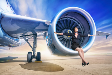 young woman sitting in a jet engine